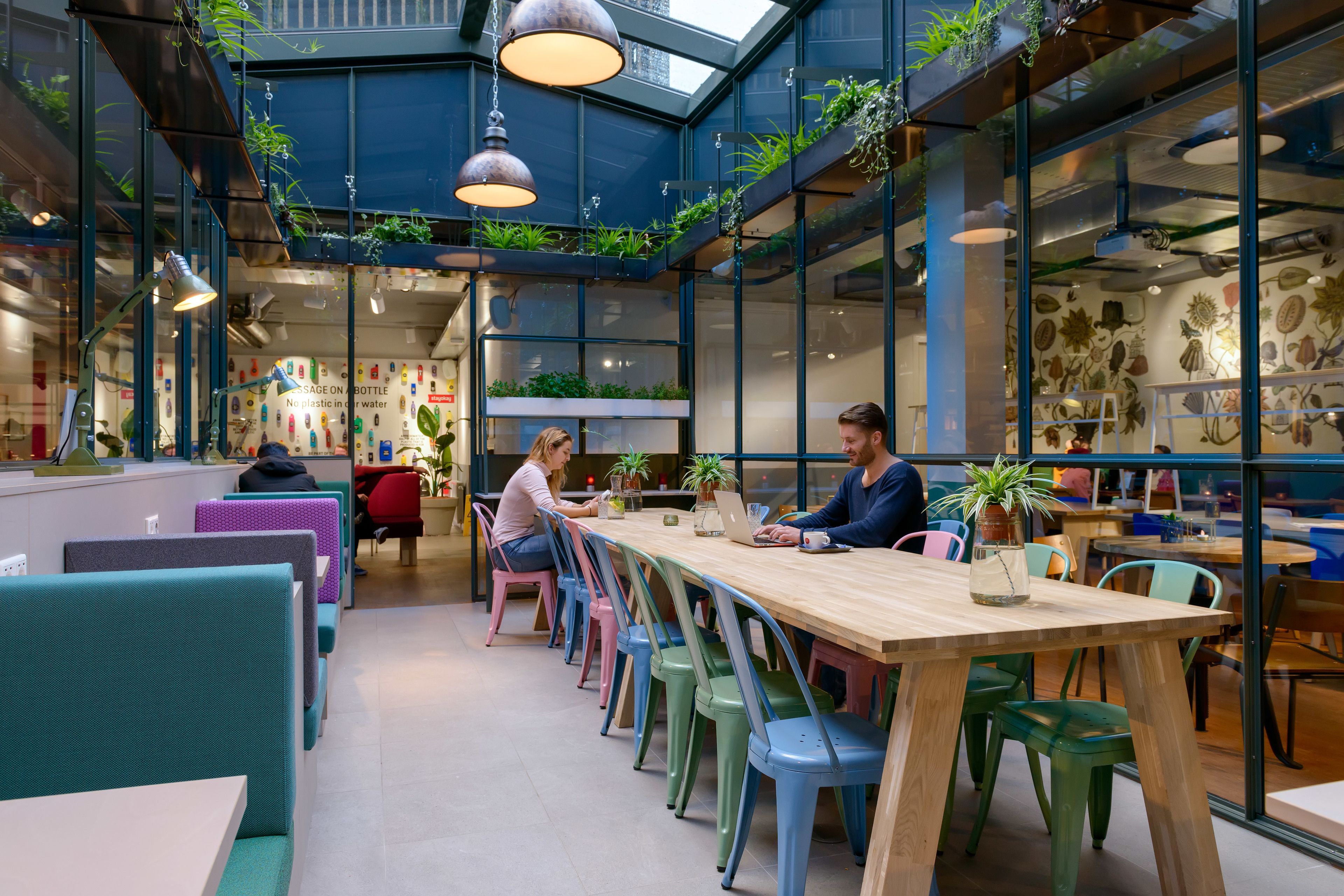 A modern cafe with a long wooden table, colorful chairs, and green plants.