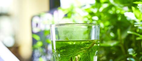 Une tasse de thé vert transparent, avec des feuilles de menthe, une tranche de pain et un livre posés sur une table en bois, avec une plante verte en arrière-plan.