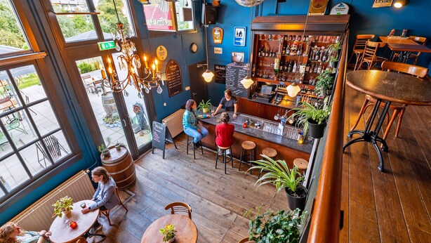 A cozy bar area with wooden floors, a bar counter, and stools. There are potted plants and a variety of bottles on shelves. - Stayokay Haarlem - Hostel (Haarlem)