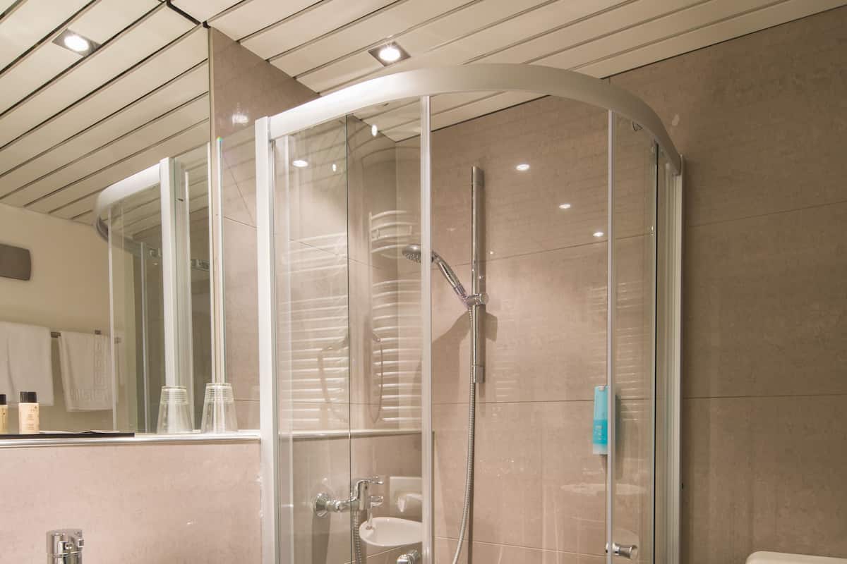 Shower, free toiletries, hair dryer, towels