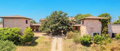 Um cenário rural com uma trilha de terra que leva a uma fileira de edifícios tradicionais com telhados de cerâmica.