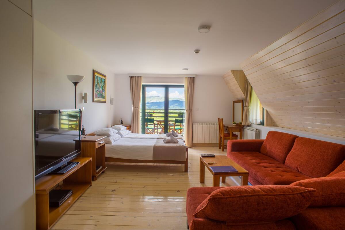 A bedroom with a bed, a TV, a sofa, and a window with a view of the outdoors.