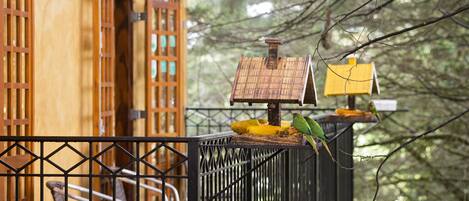 A birdhouse on a railing, a wooden building with windows, and a tree in the background.