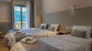 A hotel room with two beds, a view of mountains, and a balcony with bottles. - Hotel Kaikis (Kalabaka)