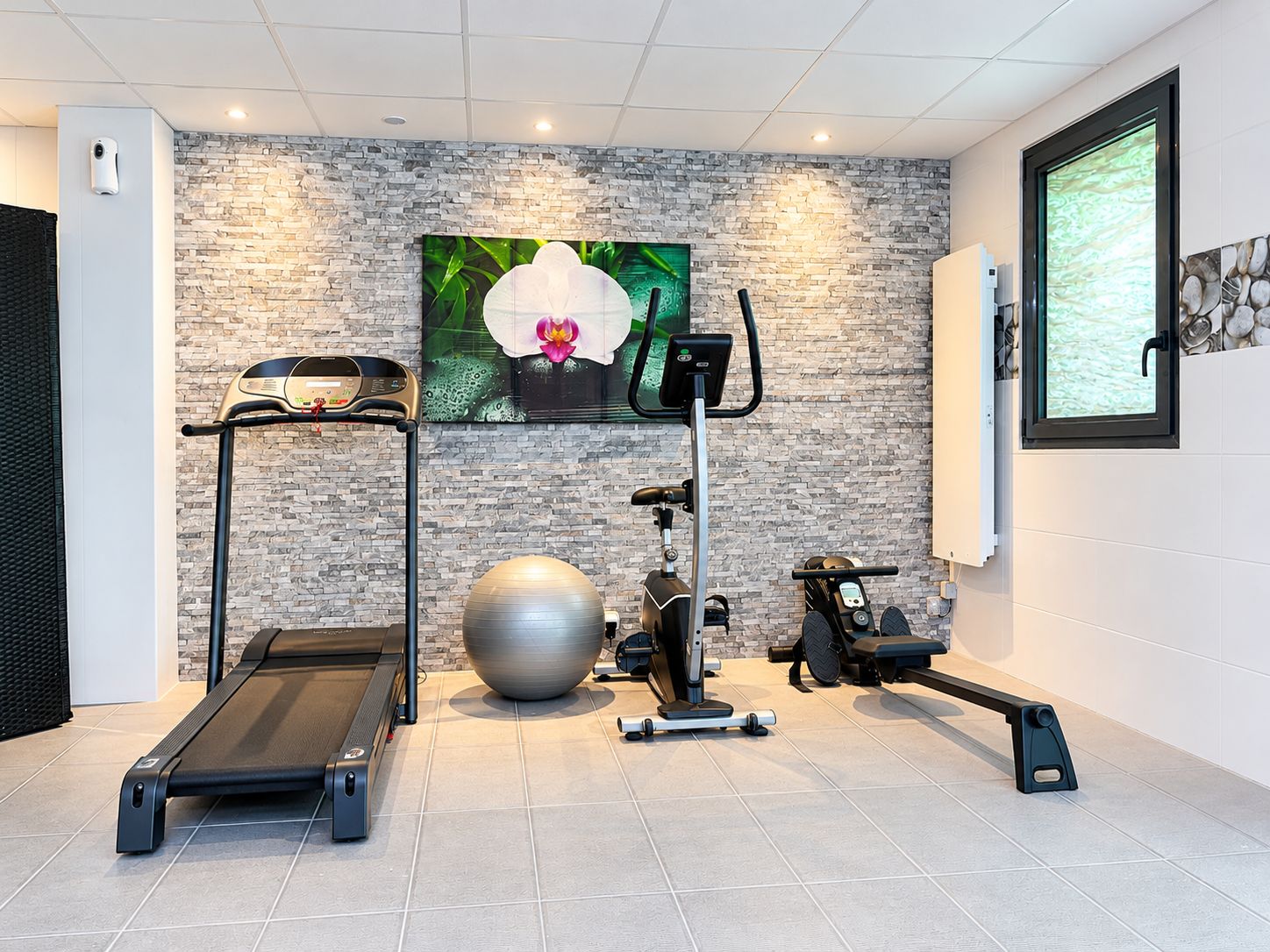 A home gym with a treadmill, stationary bike, elliptical, and a large exercise ball.