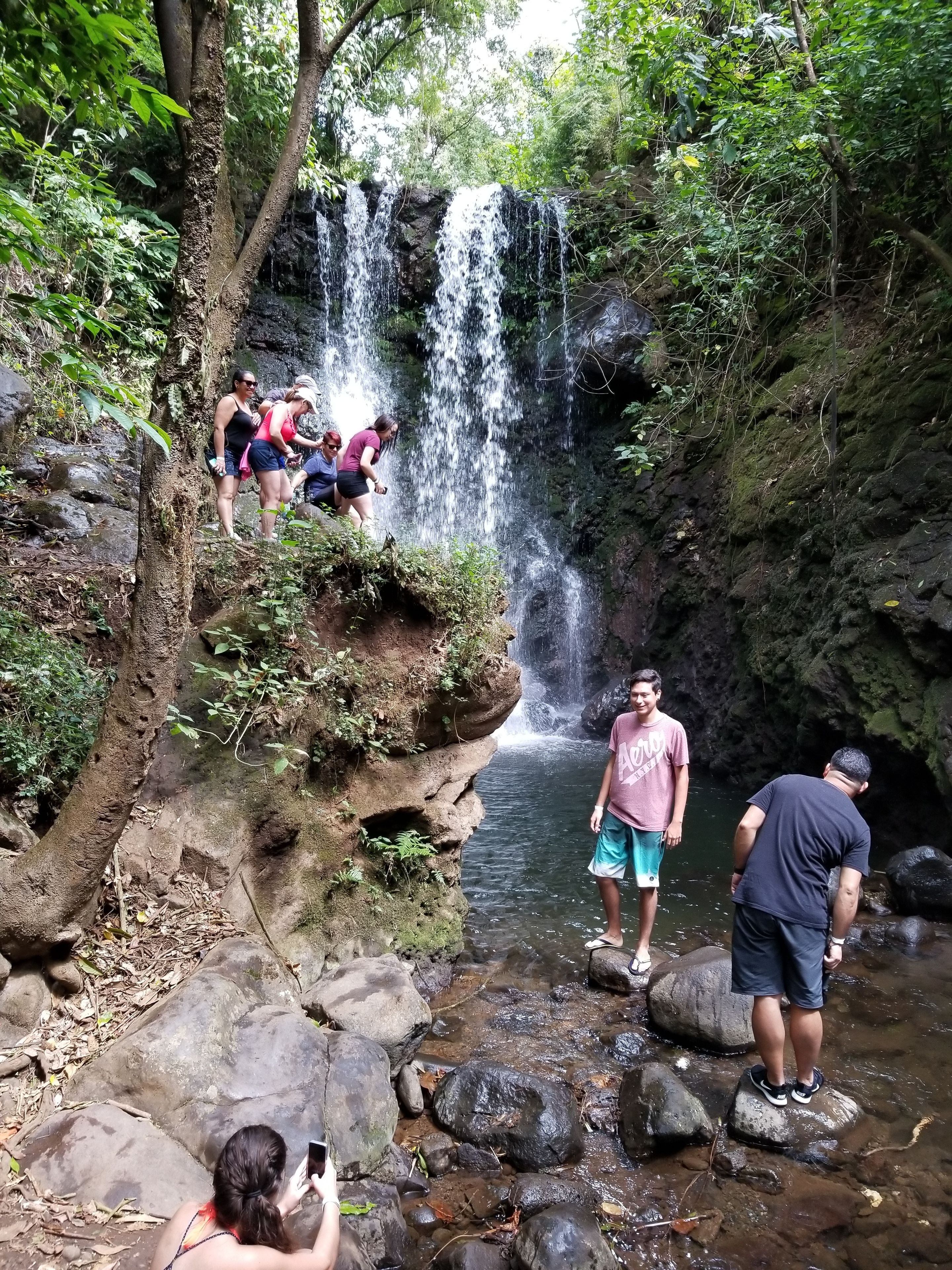 Une cascade située dans une zone boisée, avec des personnes debout sur des rochers, prenant des photos.