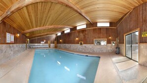 En indendørs swimmingpool med trævægge og hvælvet loft.