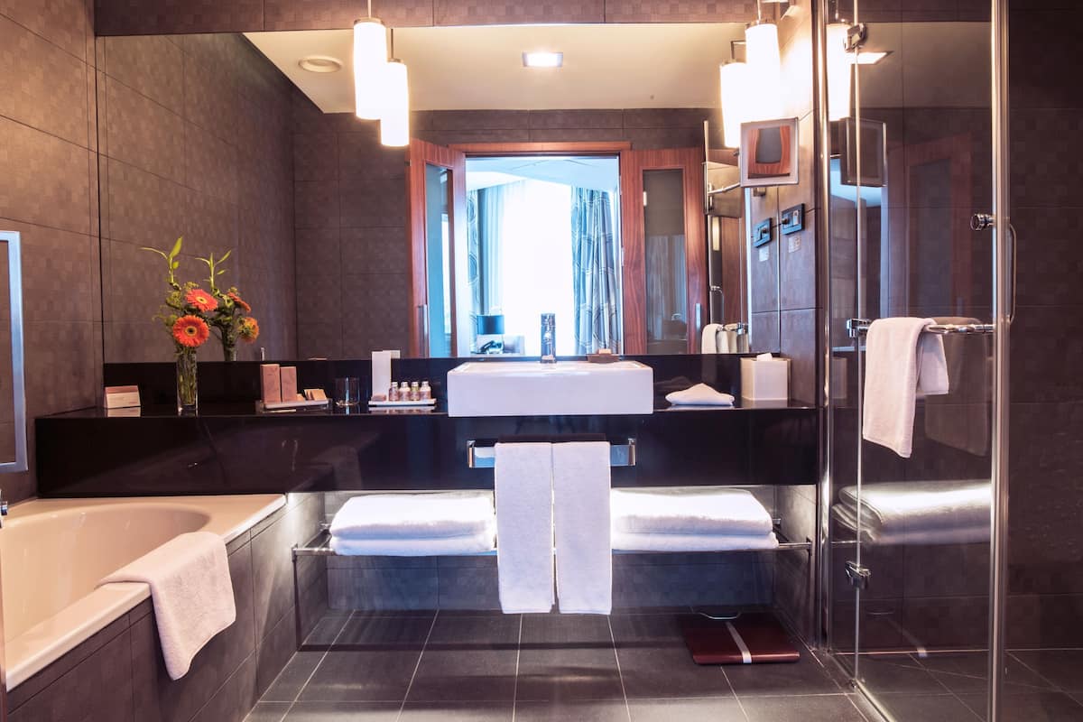 shower, rainfall showerhead, designer toiletries, hair dryer