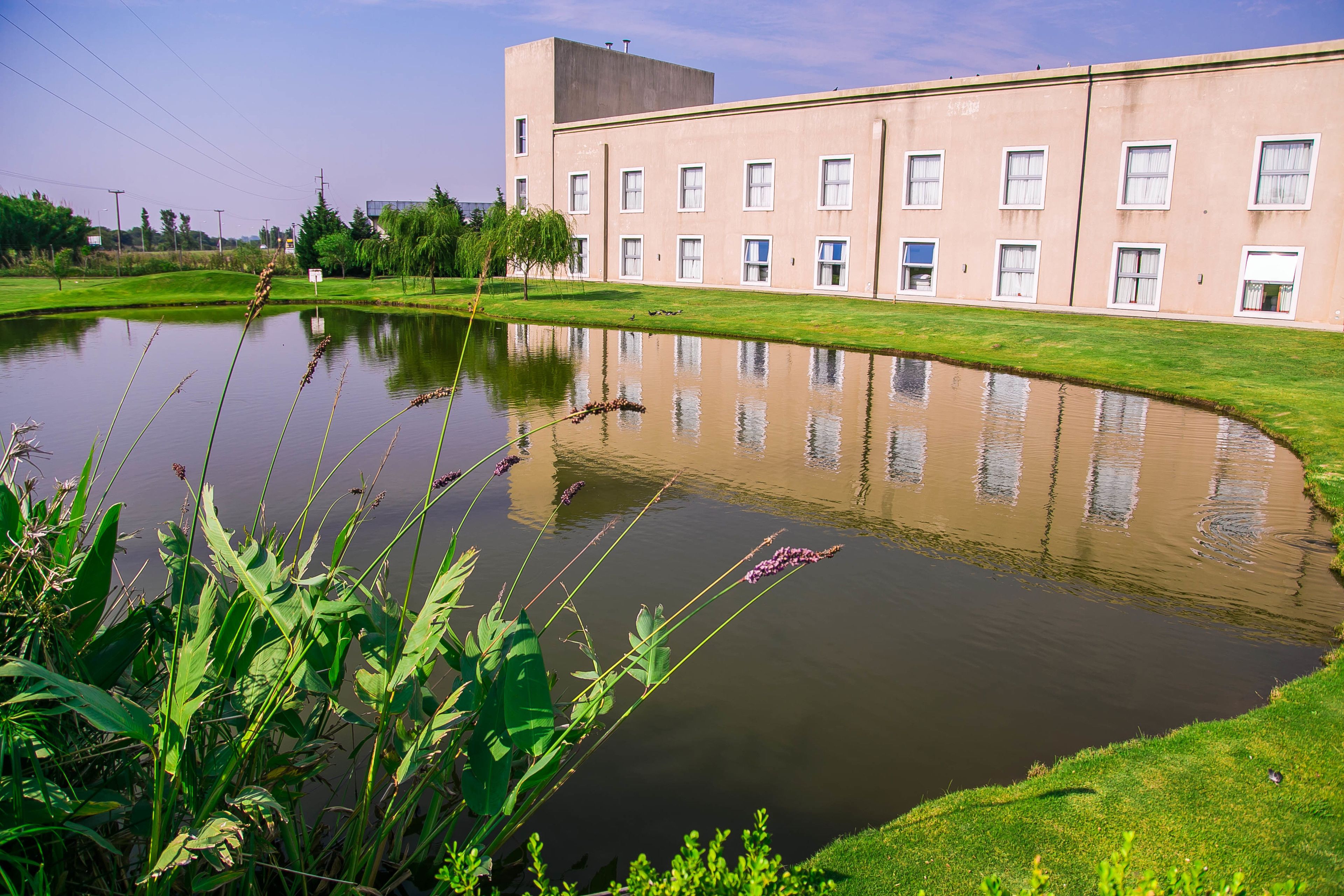 A building with a reflective pond, surrounded by greenery and a clear sky.