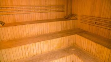 Una sauna con bancos de madera.