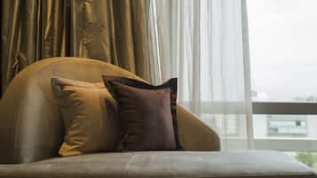 A sofa with two pillows in a room with a view through sheer curtains.