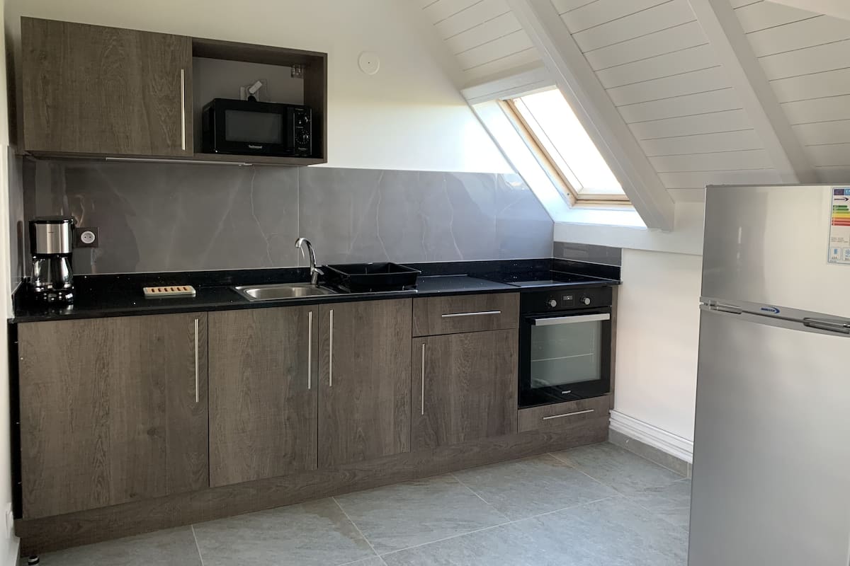 Full-size fridge, microwave, oven, stovetop