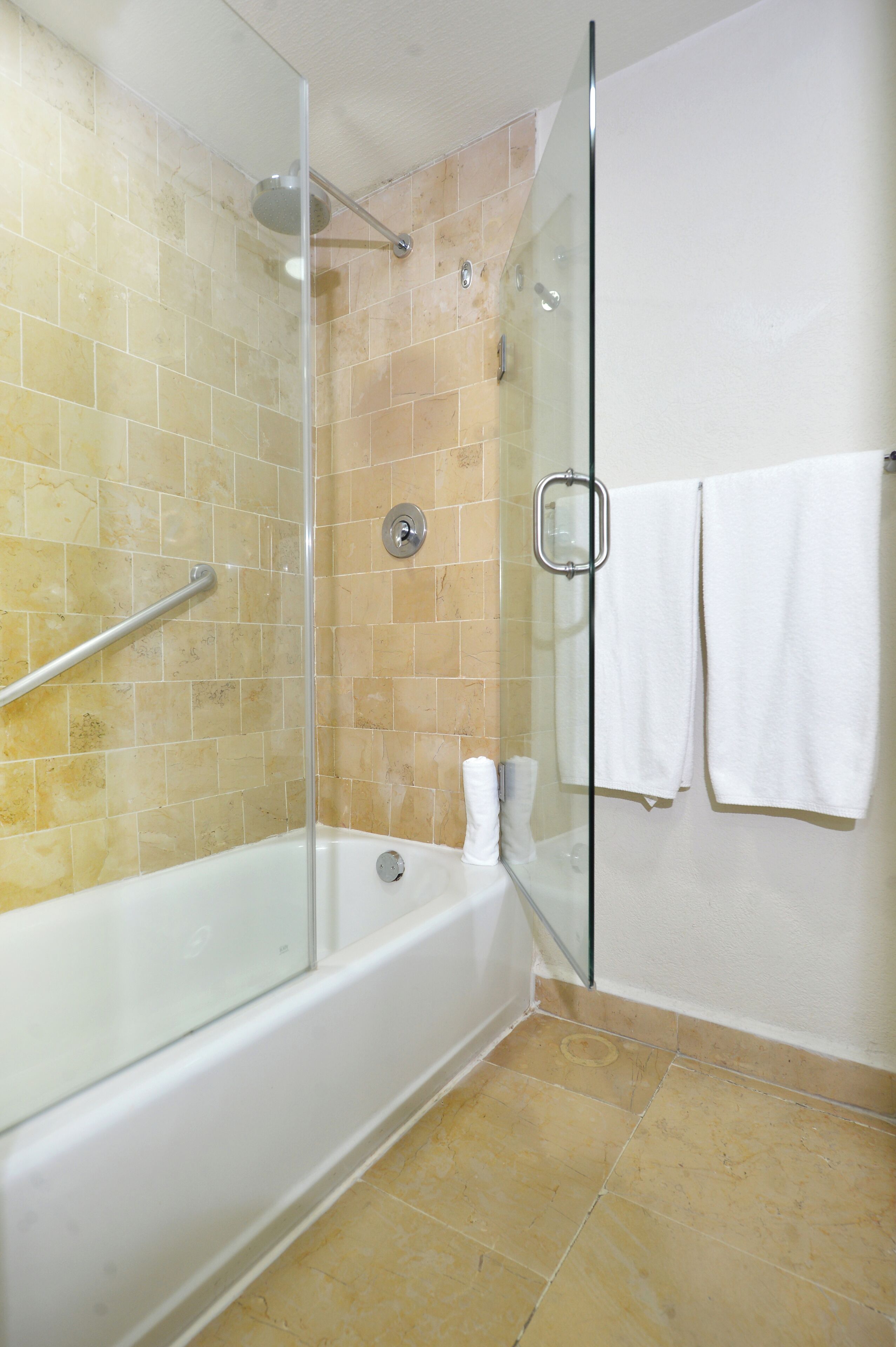 hair dryer, towels, soap, shampoo