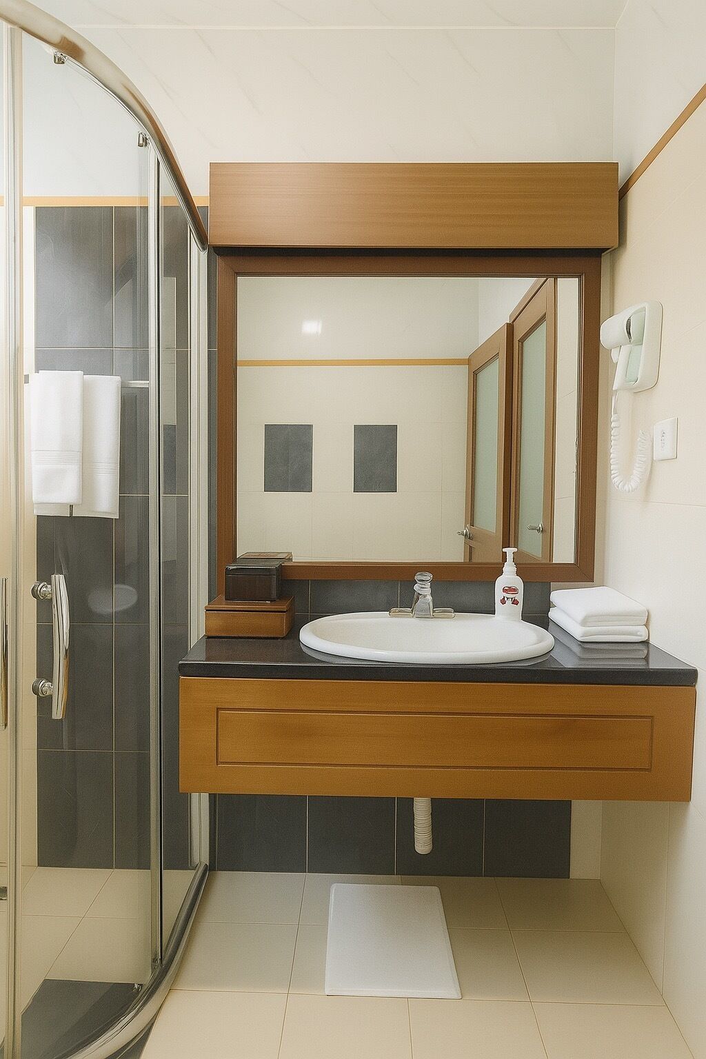 shower, rainfall showerhead, free toiletries, hair dryer