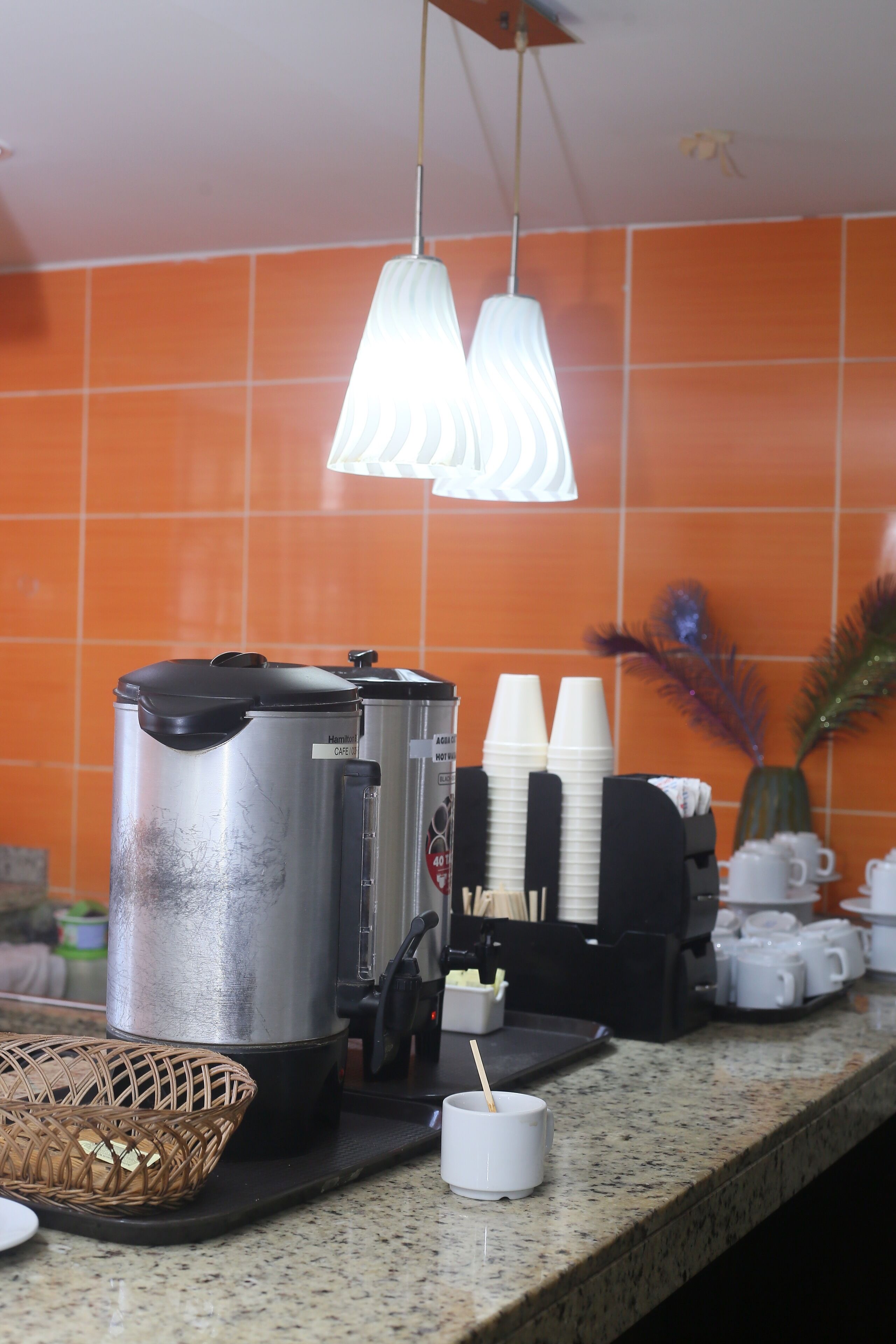 Una encimera de cocina con una cafetera, una olla de acero inoxidable y una cesta.