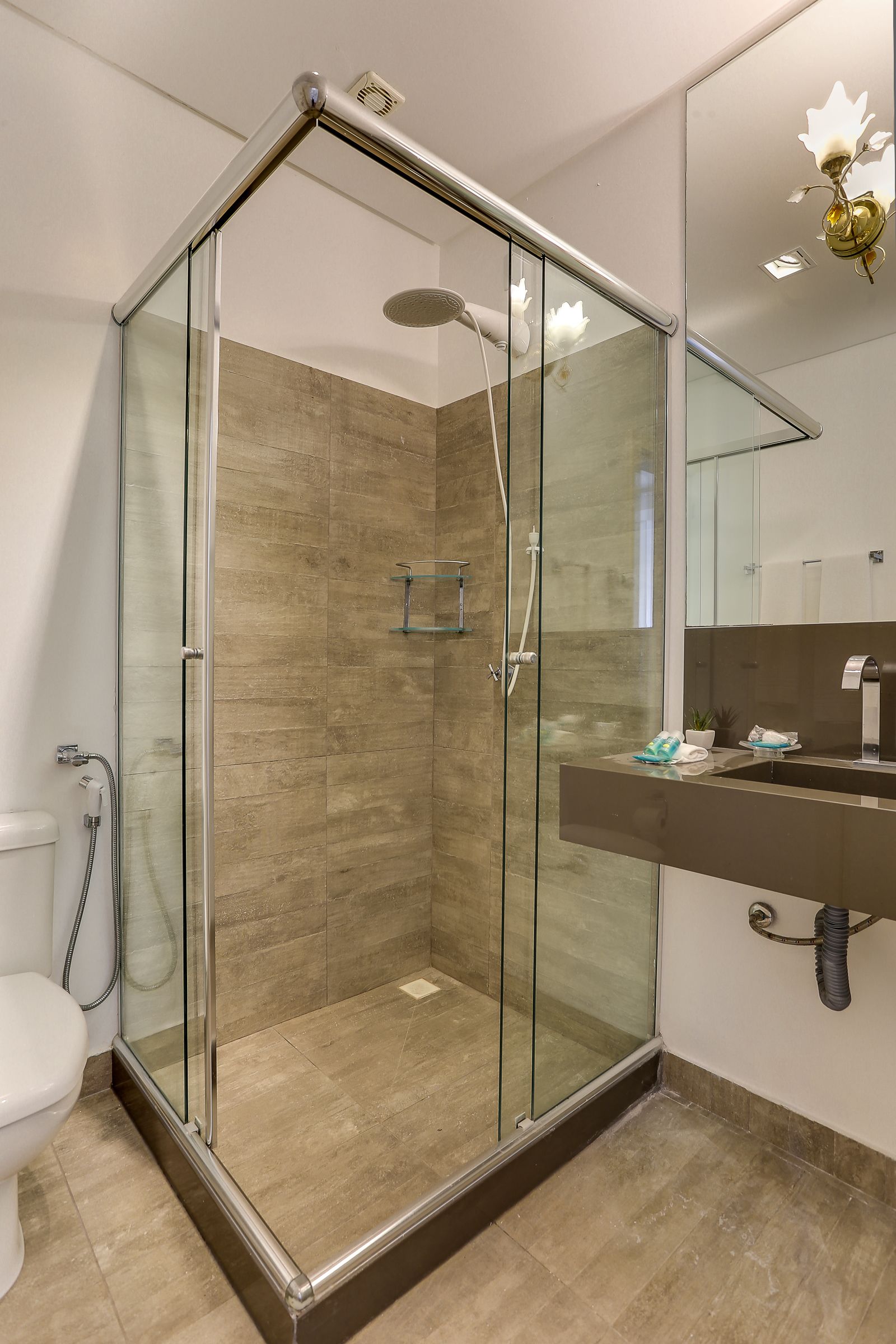 A modern bathroom with a glass-enclosed shower, a toilet, and a sink with a mirror above it.