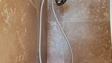 A shower with a handheld showerhead and a wall-mounted faucet.