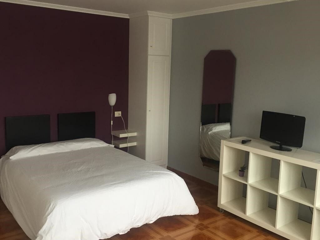 Un dormitorio con una cama, un televisor sobre un mueble bajo y un estante blanco.