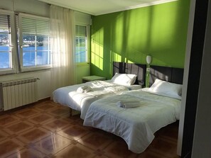 Habitación básica con 2 camas individuales, baño privado, vistas al mar