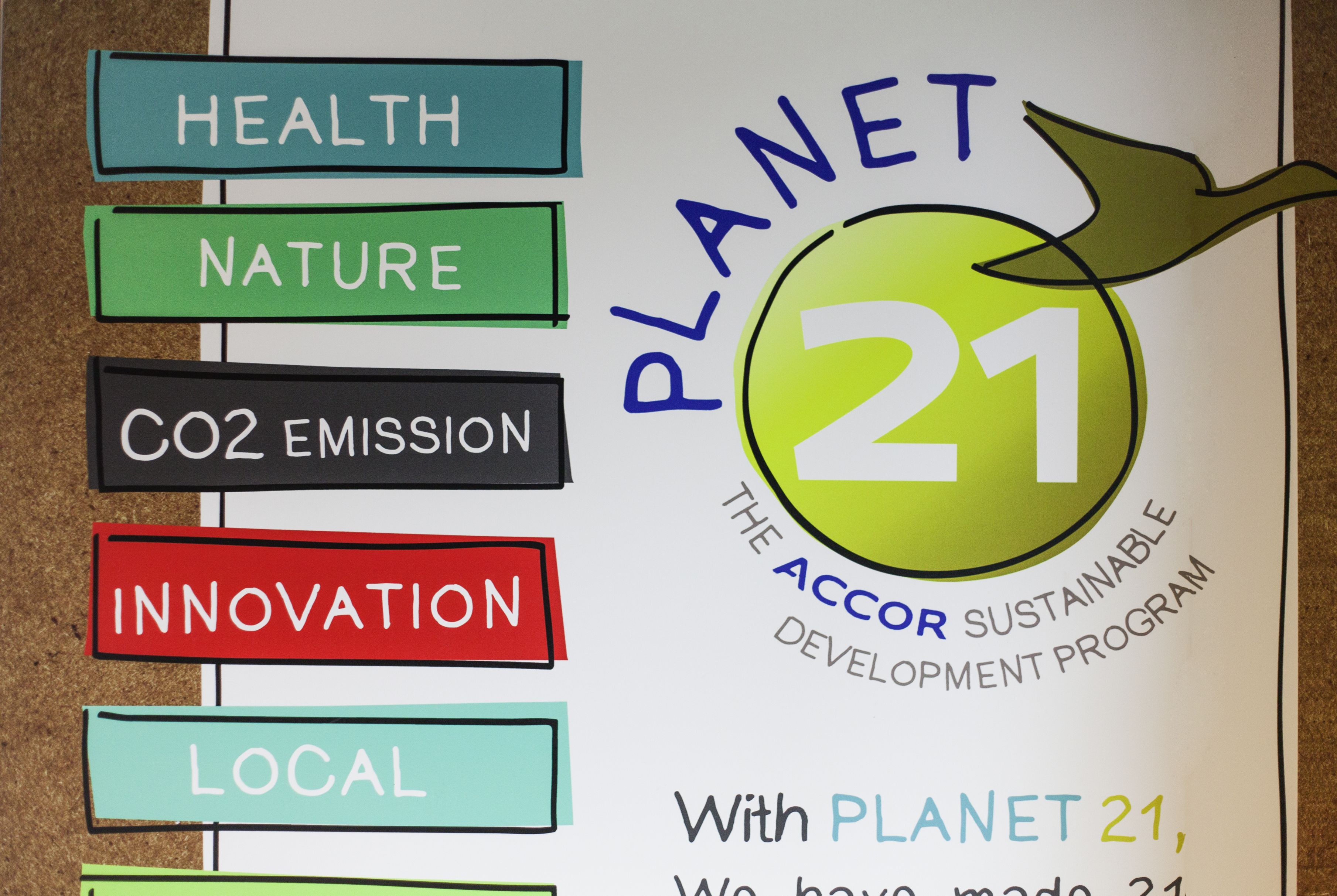 Une enseigne portant les inscriptions « PLANET 21 » et « LE PROGRAMME DE DÉVELOPPEMENT DURABLE D’ACCOR », ainsi que divers mots tels que SANTÉ, NATURE, ÉMISSIONS DE CO2, INNOVATION et LOCAL.
