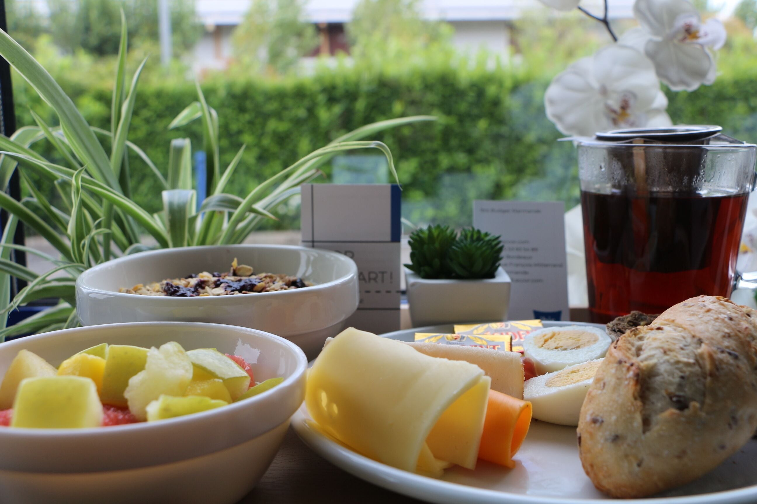 Une table dressée pour le petit-déjeuner, avec des fruits, du fromage, du pain et une boisson, et une vue sur la verdure.