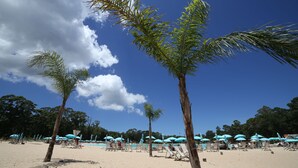 A beach with palm trees, beach chairs, and umbrellas under a clear sky.