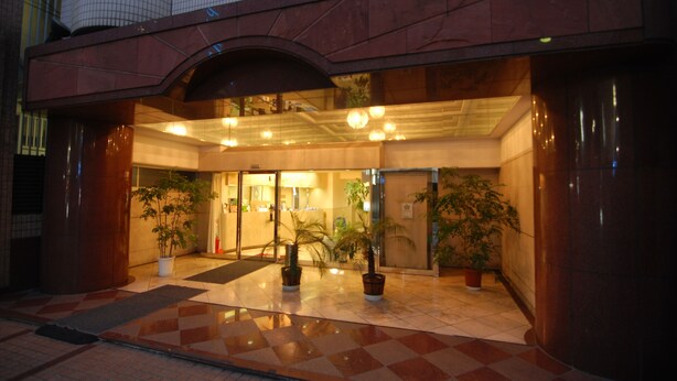 Entrada de hotel con suelo a cuadros, plantas en macetas y puerta de vidrio que da al interior.