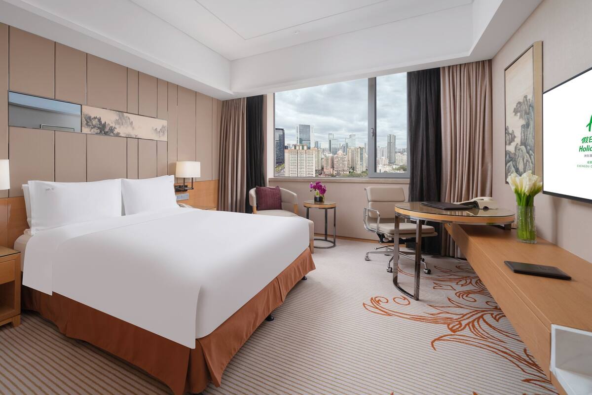 A hotel room with a large bed, a desk, a chair, a TV, and a view of the city.