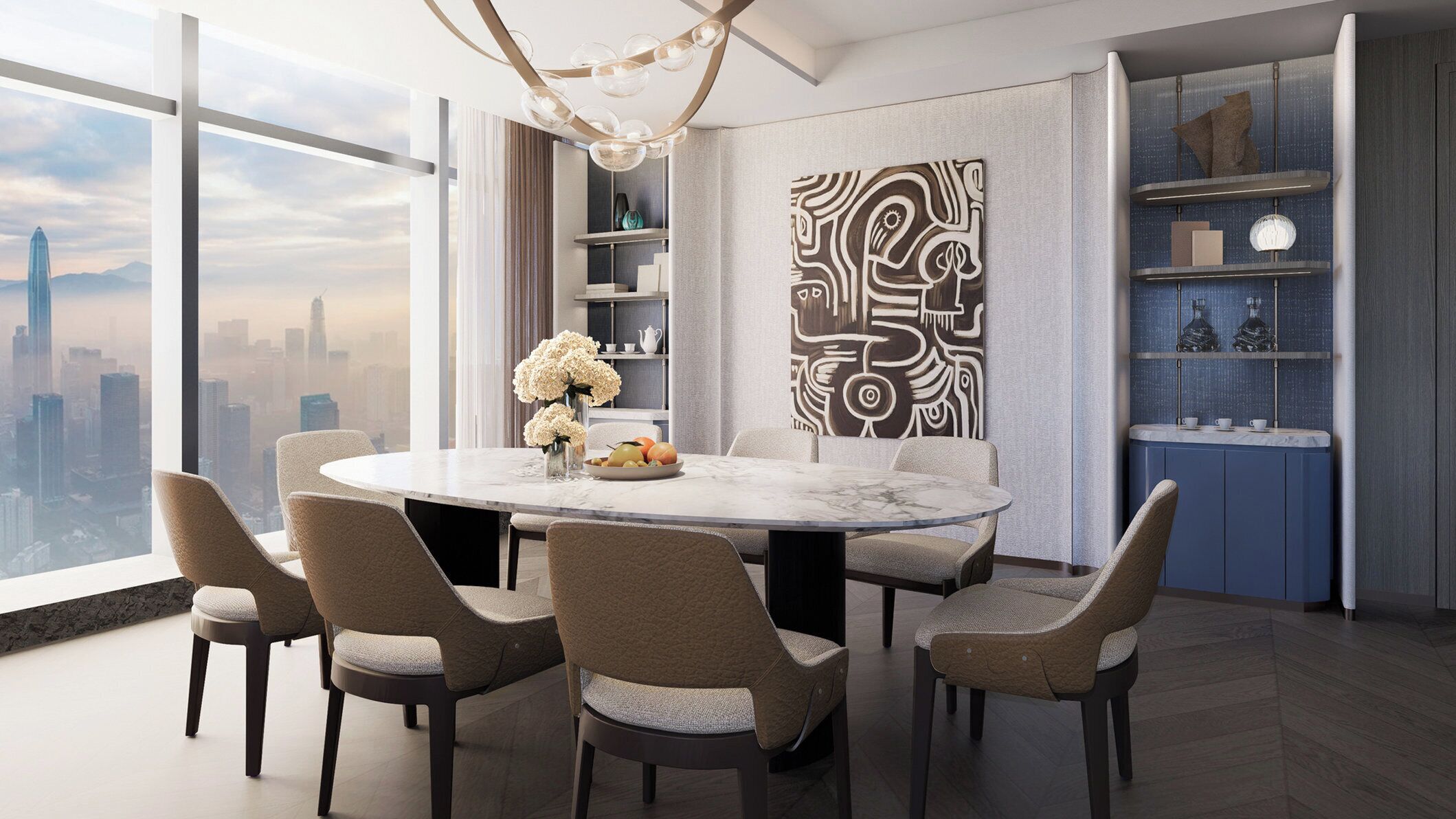 A modern dining area with a round table, six chairs, a vase of flowers, and a cityscape view through large windows.