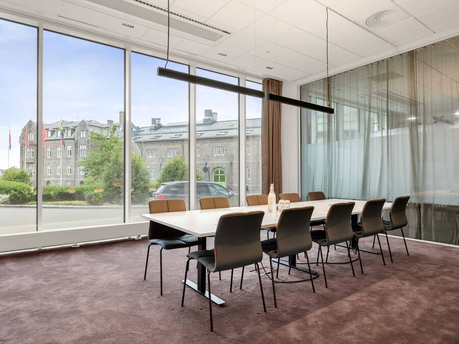 A conference room with a large table and chairs, large windows with a view of buildings and trees, and a ceiling with recessed lighting.