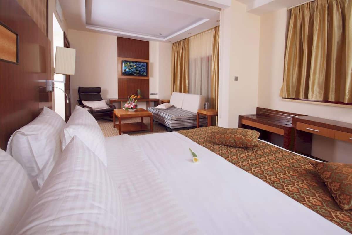 A hotel room with a large bed, a sofa, a desk, and a TV.