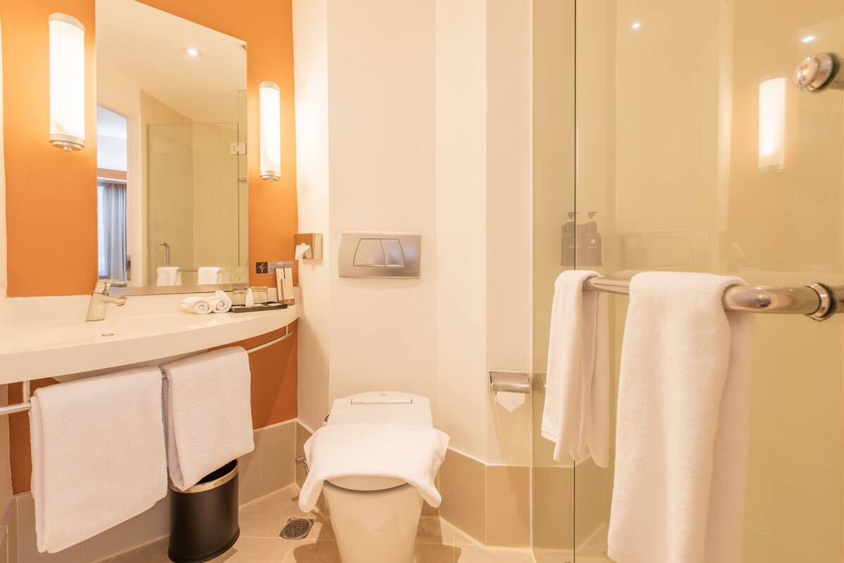 shower, eco-friendly toiletries, hair dryer, slippers