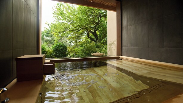 A wooden bath with a view of greenery outside. - Jinya Ryokan (Hadano)