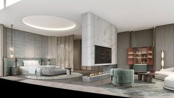 A modern bedroom with a large bed, a fireplace, a TV, and a built-in wardrobe.