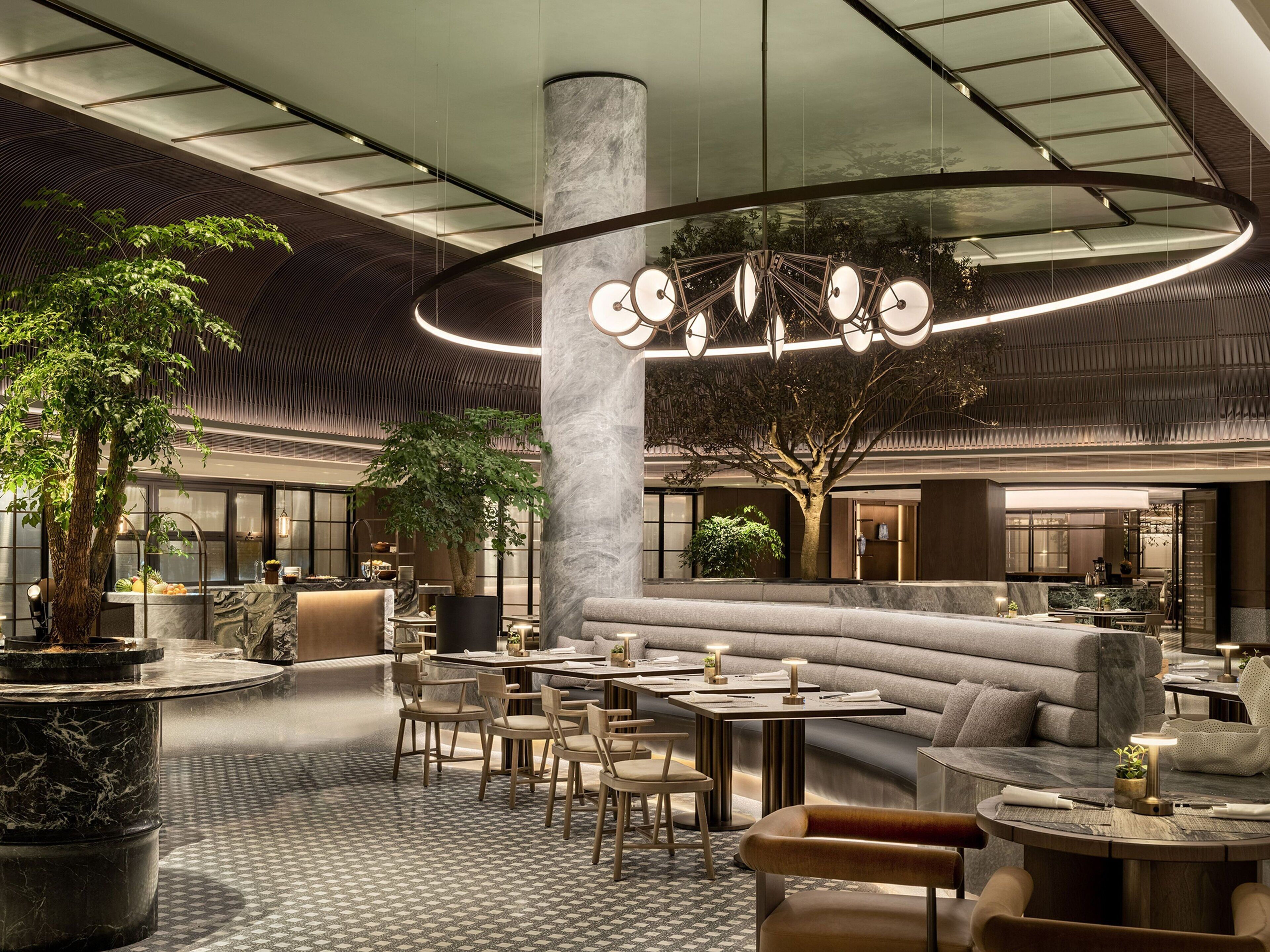 A modern interior with a central seating area, tables, and a large tree.