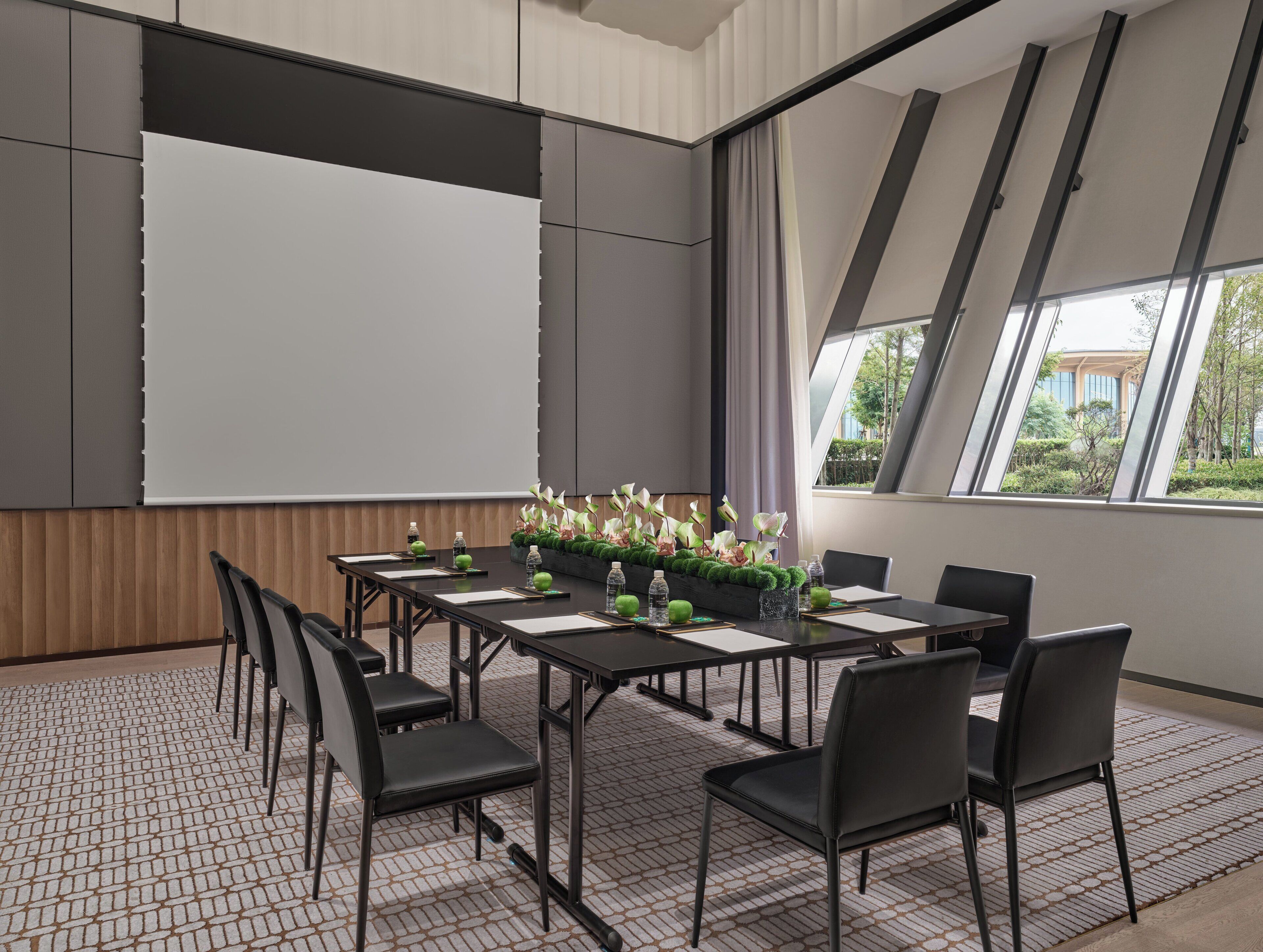 Un salón de conferencias con una pantalla grande, sillas negras, una mesa con botellas de agua y manzanas, y vistas al verdor a través de la ventana.