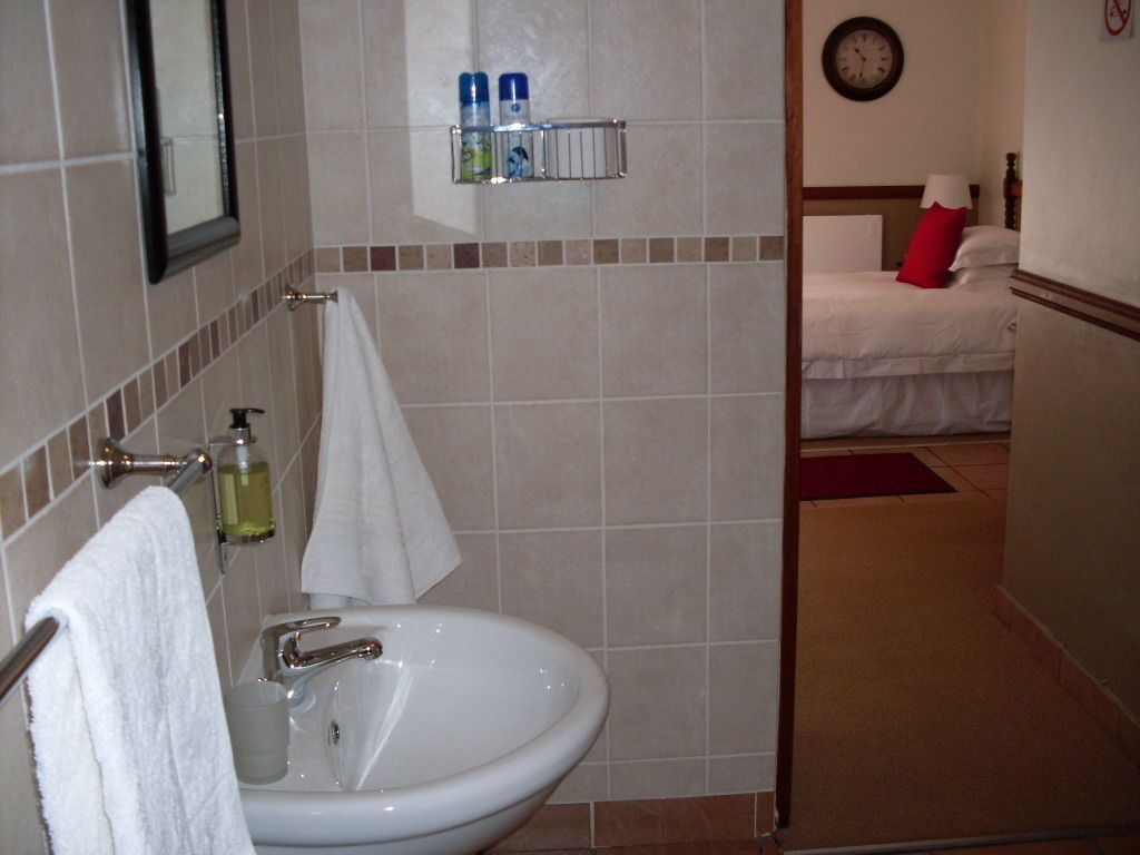 Un baño con lavamanos, espejo y artículos de aseo. Se ve una cama en la habitación contigua.