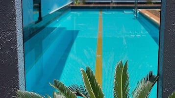 Outdoor pool, pool umbrellas, pool loungers