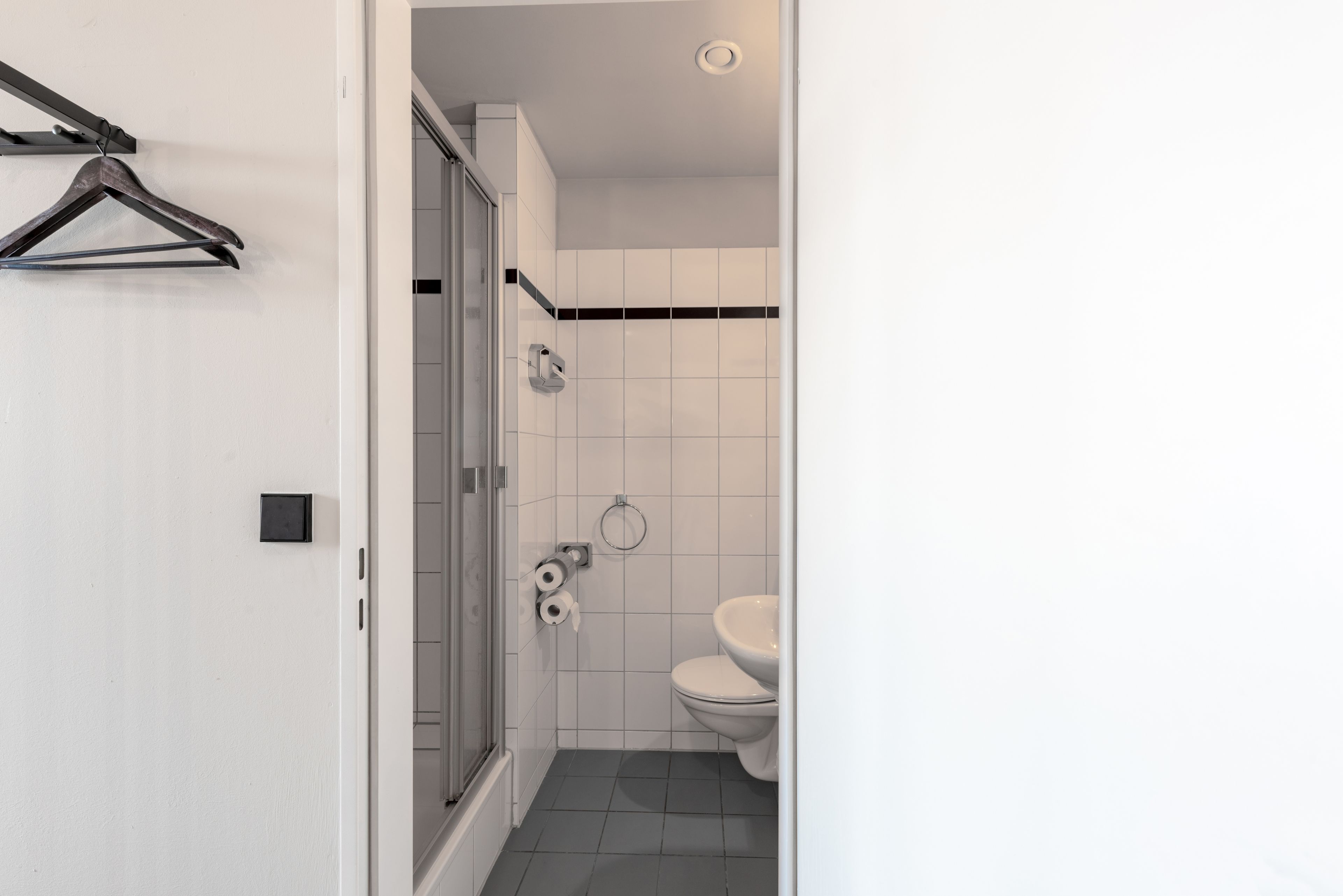Ein Badezimmer mit Toilette, Dusche und Handtuchhalter.