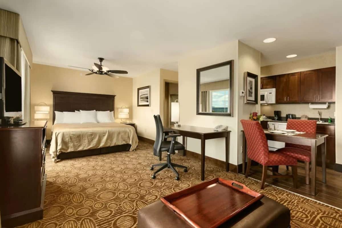Habitación de hotel con cama, escritorio, silla, kitchenette y ventilador de techo.