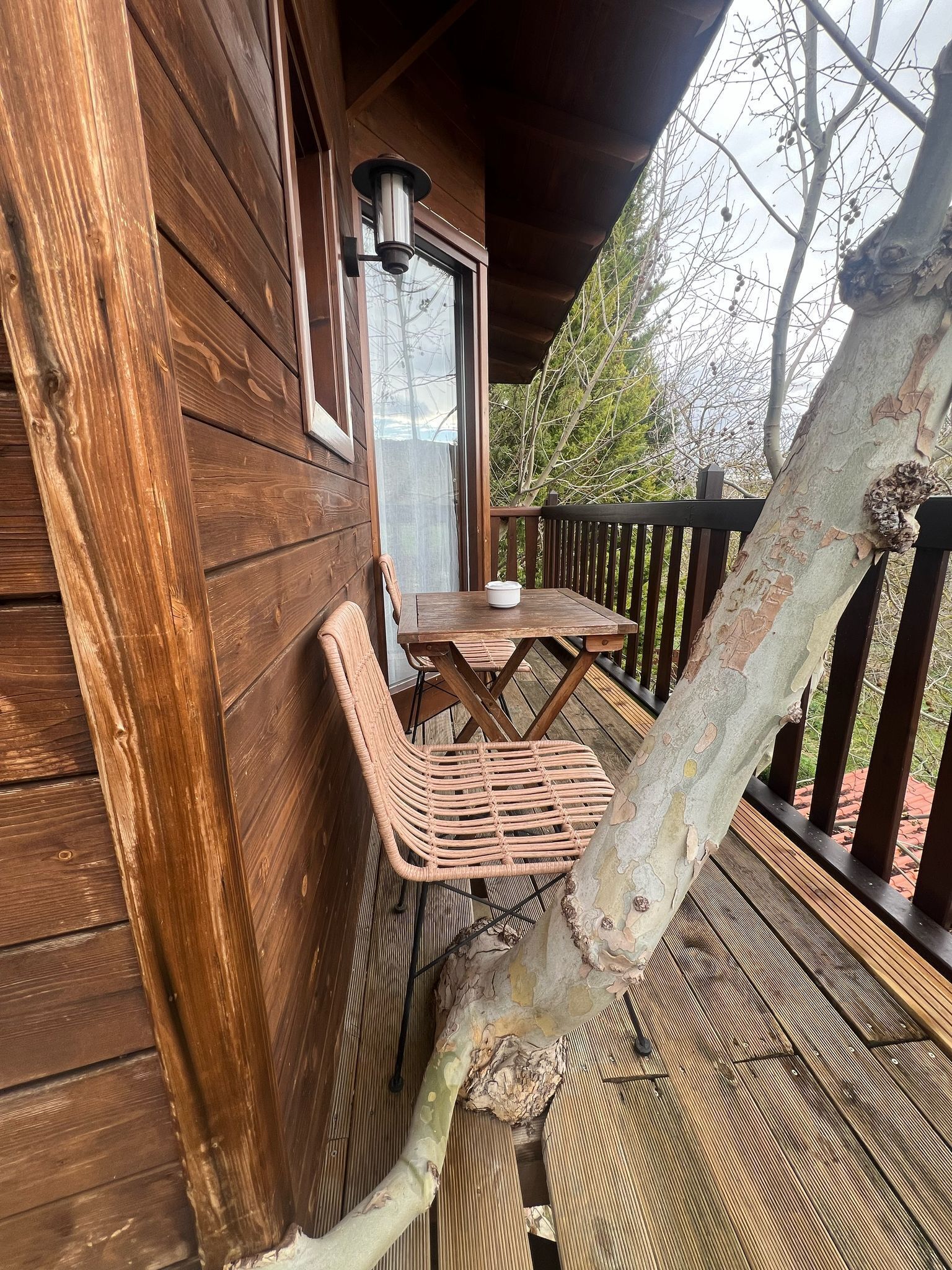 Una terraza de madera con una mesa, sillas, una ventana y el tronco de un árbol.
