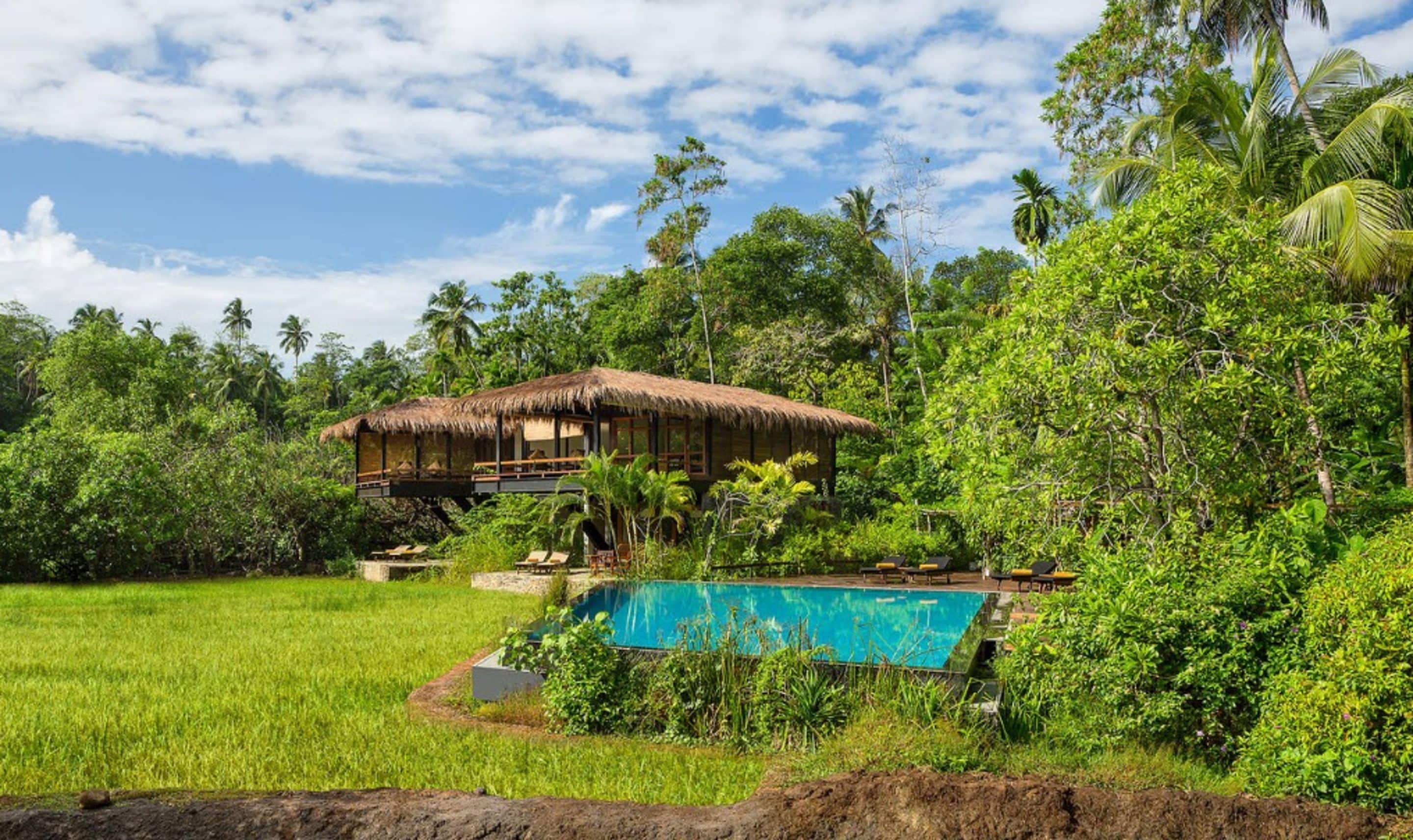 A thatched-roof structure with a pool and lounge chairs, surrounded by lush greenery and palm trees.