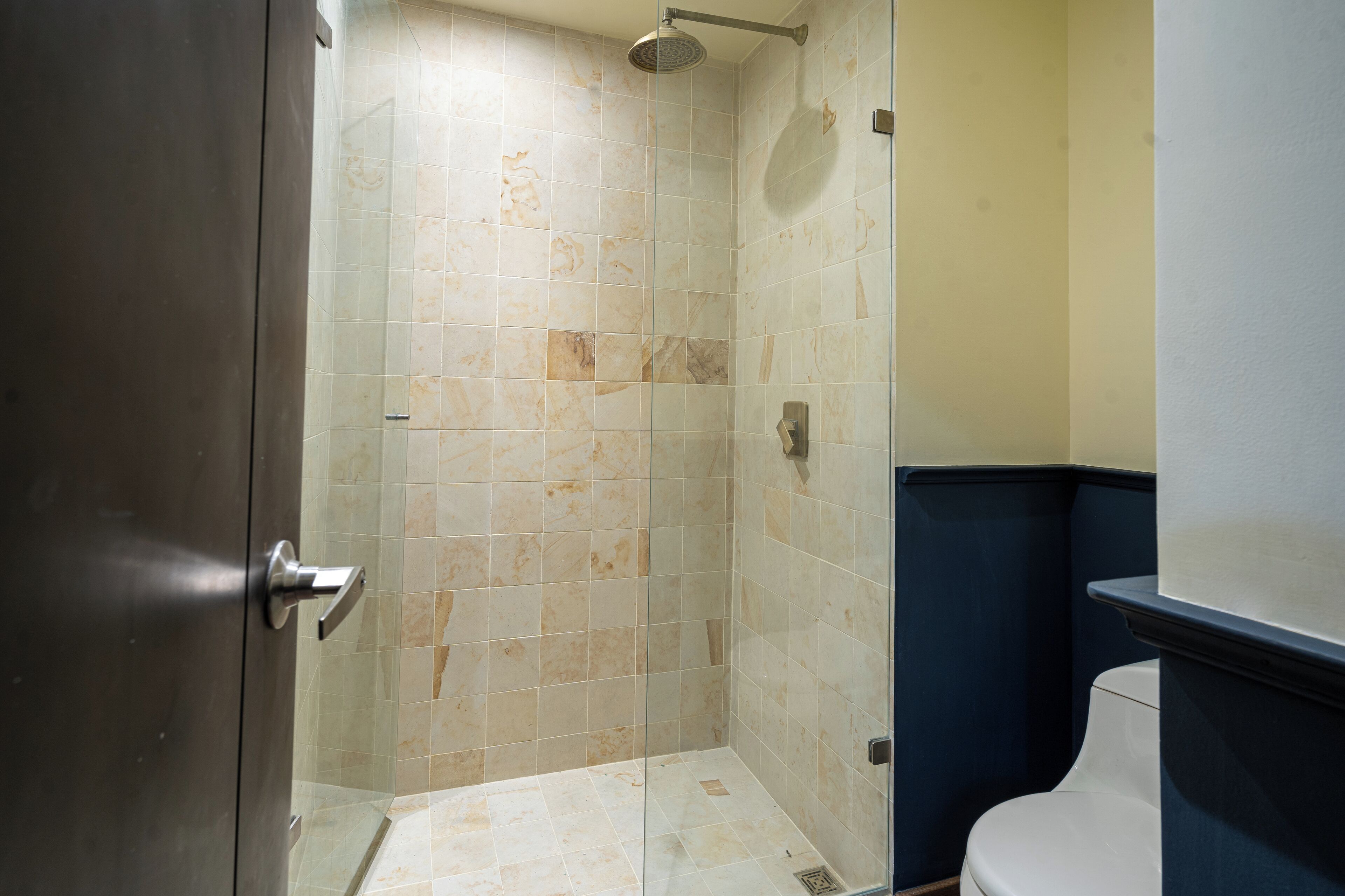 shower, rainfall showerhead, hair dryer, towels