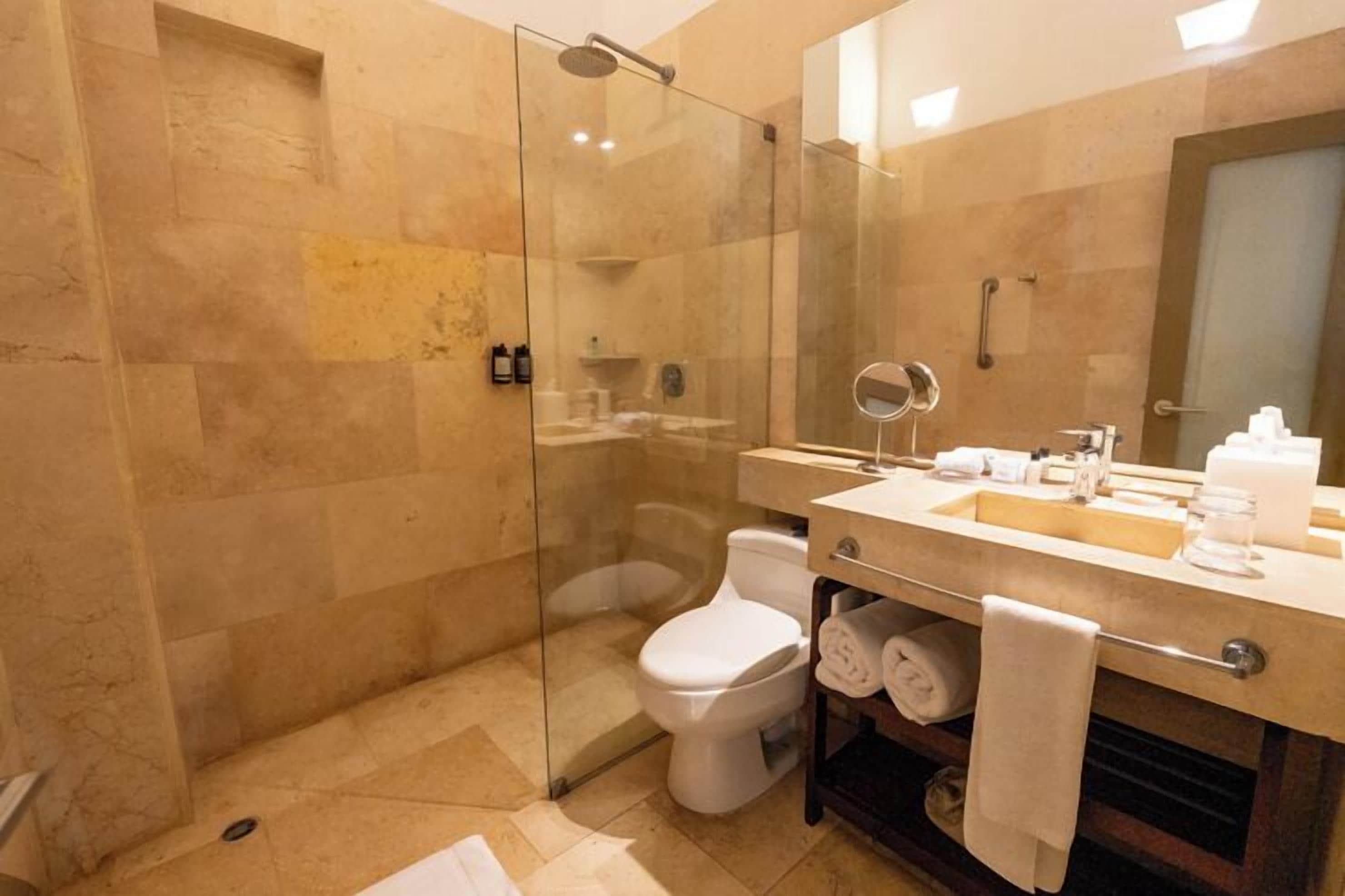 A modern bathroom with a glass-enclosed shower, a white toilet, and a vanity with a mirror and toiletries.