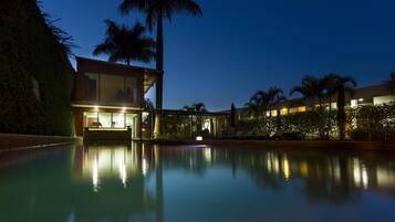 Outdoor pool, pool umbrellas, pool loungers