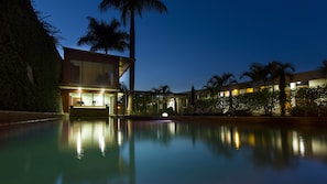 Outdoor pool, pool umbrellas, pool loungers