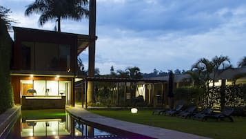 Outdoor pool, pool umbrellas, pool loungers
