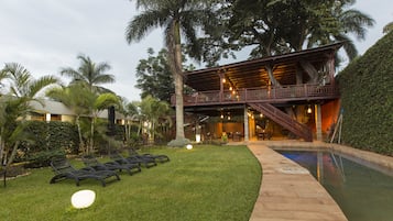 Outdoor pool, pool umbrellas, pool loungers