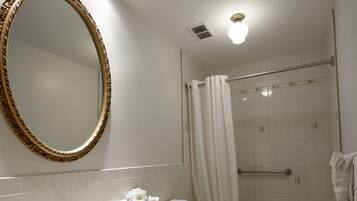 Combined shower/bathtub, free toiletries, hair dryer, towels