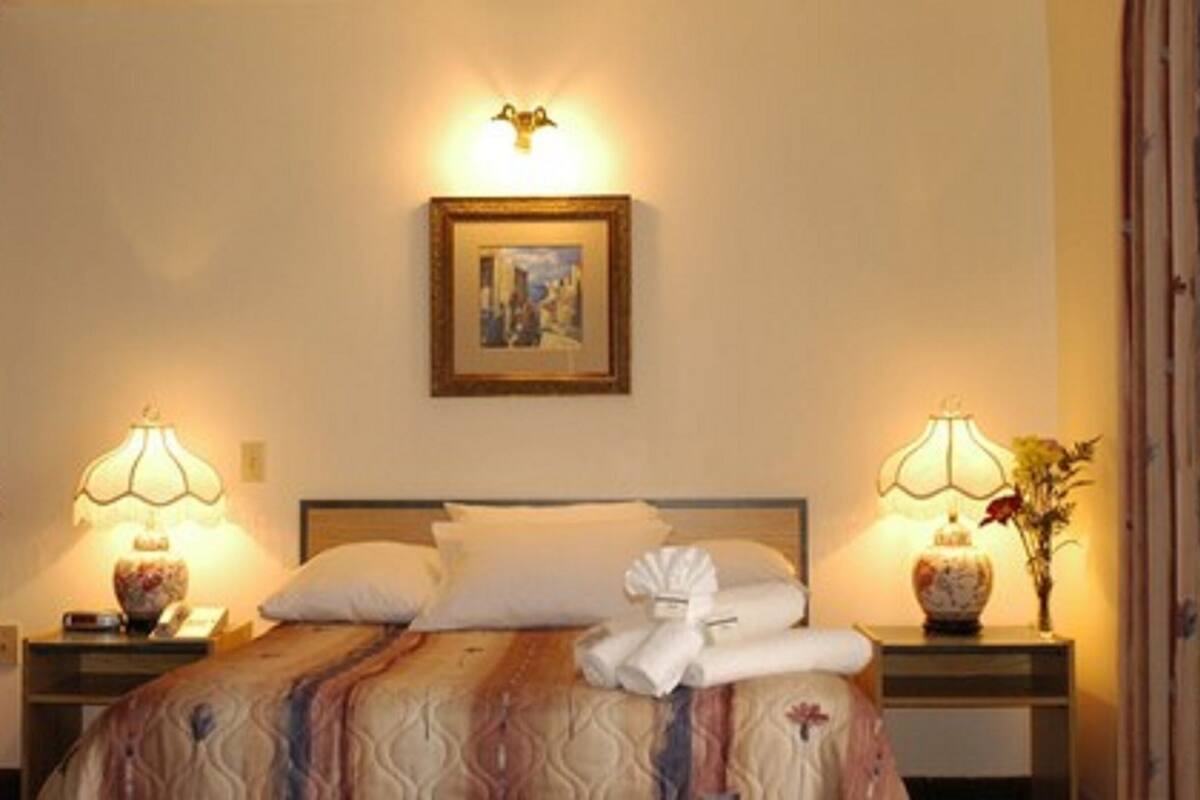 A hotel room with a bed, two bedside lamps, a framed picture on the wall, and a nightstand with a vase of flowers.